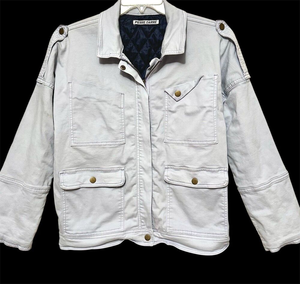 Vintage Y2K Pierre Darre Trucker Cargo Jacket L Light White Grey